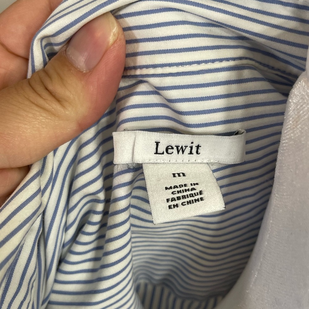 Lewit Blue Striped Poplin Button Down Exaggerated Cuff Boyfriend Shirt M - Picture 9 of 13